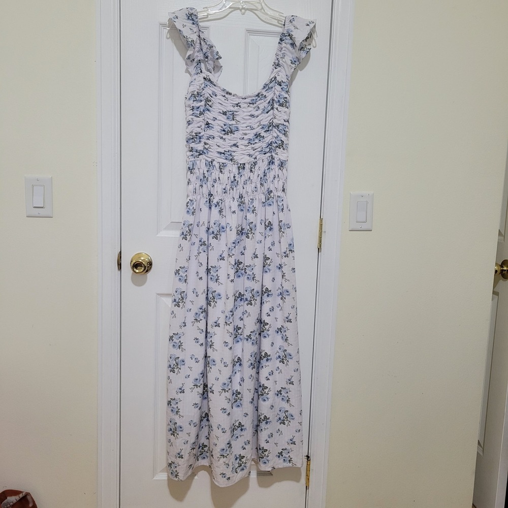 And Now This‎ Blue Floral Smocked Maxi Dress White Ruffle Sleeve Med Cottagecore